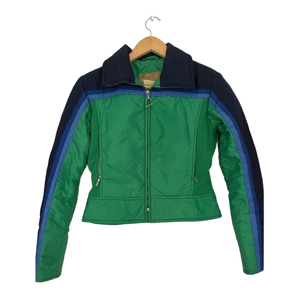head vintage 1970s moto-style ski jacket in kelly green blue nylon. Puffer